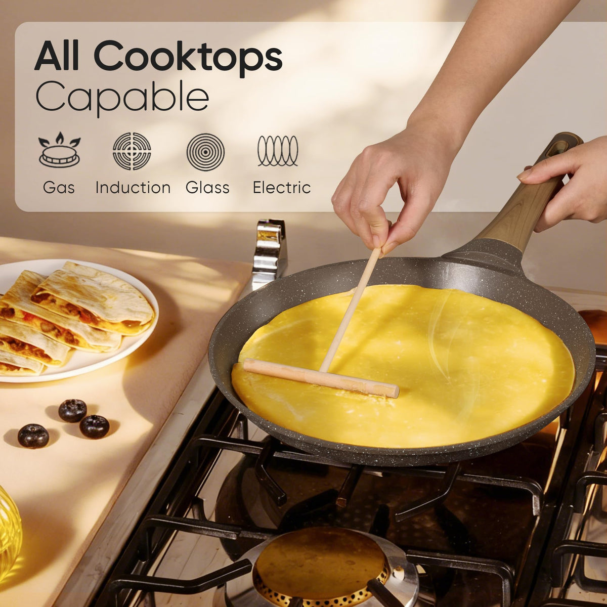 CAROTE extended-bottom design ensures even heat distribution across cookware.
