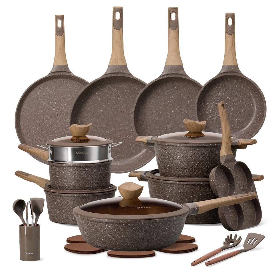 CAROTE 31-piece pots and pans set with nonstick granite coating for effortless cooking.