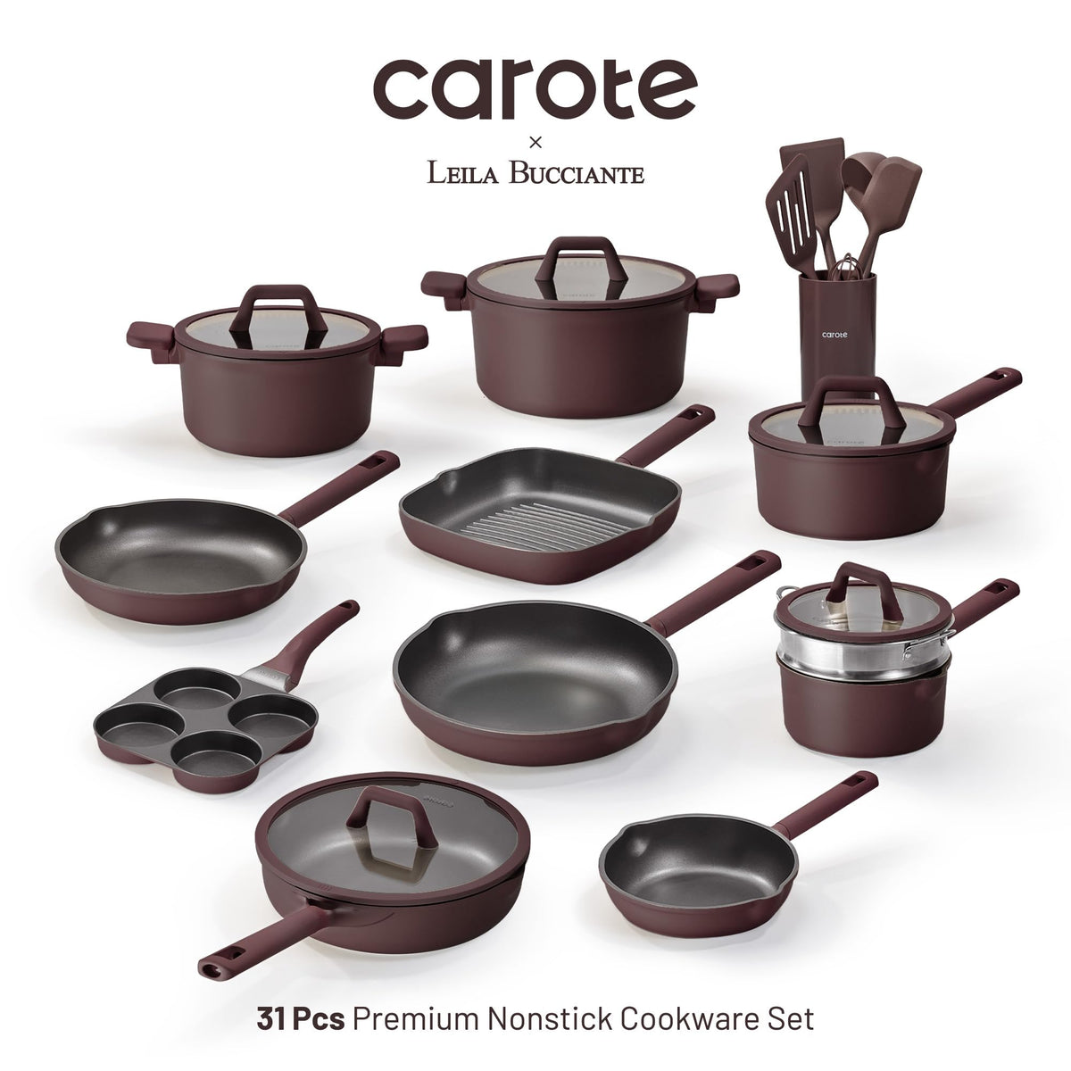 CAROTE 31PCS cookware set close-up of reinforced die-cast aluminum for durability.