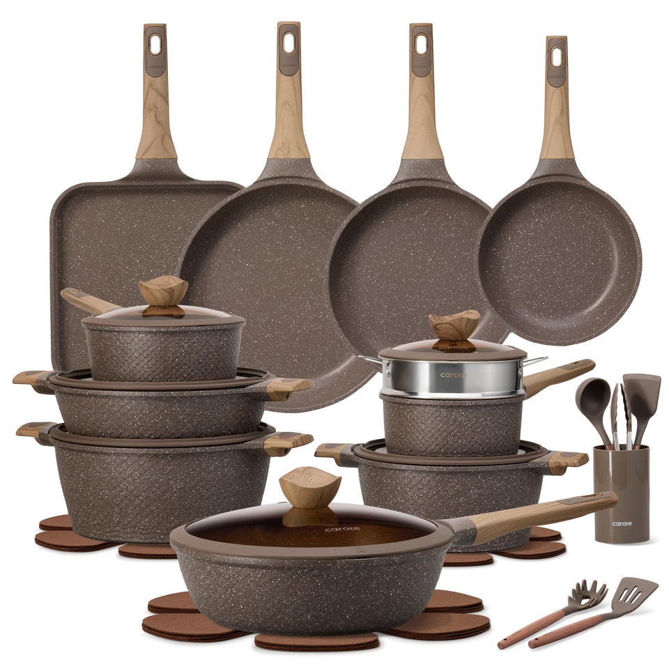 CAROTE 31-piece pots and pans set with fry pans and square pan for versatile everyday cooking
