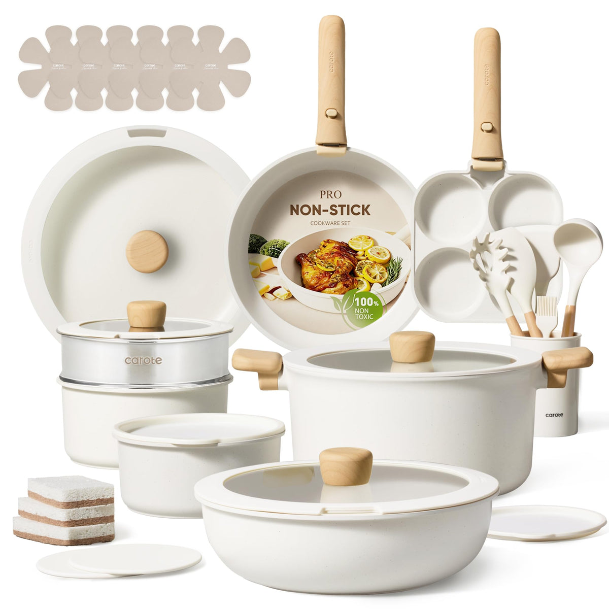 CAROTE 33pcs pots and pans with detachable handles for space-saving storage