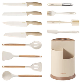 CAROTE 360° rotating knife block keeps knives within reach for quick prep.