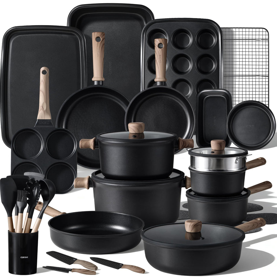CAROTE 44pcs nonstick cookware set shown together for quick, easy weeknight meal prep.