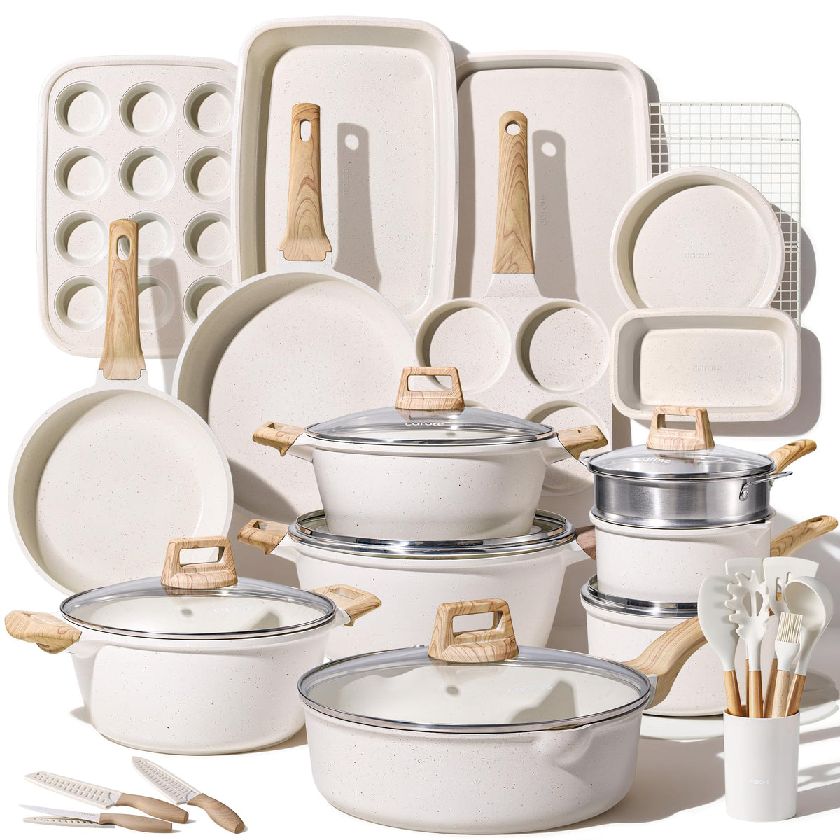 CAROTE 44pcs cookware set on countertop shows a complete kitchen bundle.