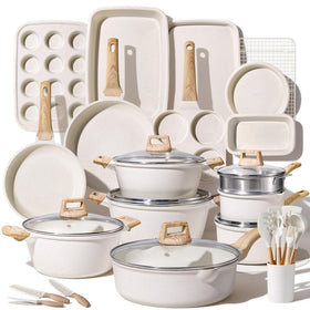 CAROTE 44pcs cookware set on countertop shows a complete kitchen bundle.