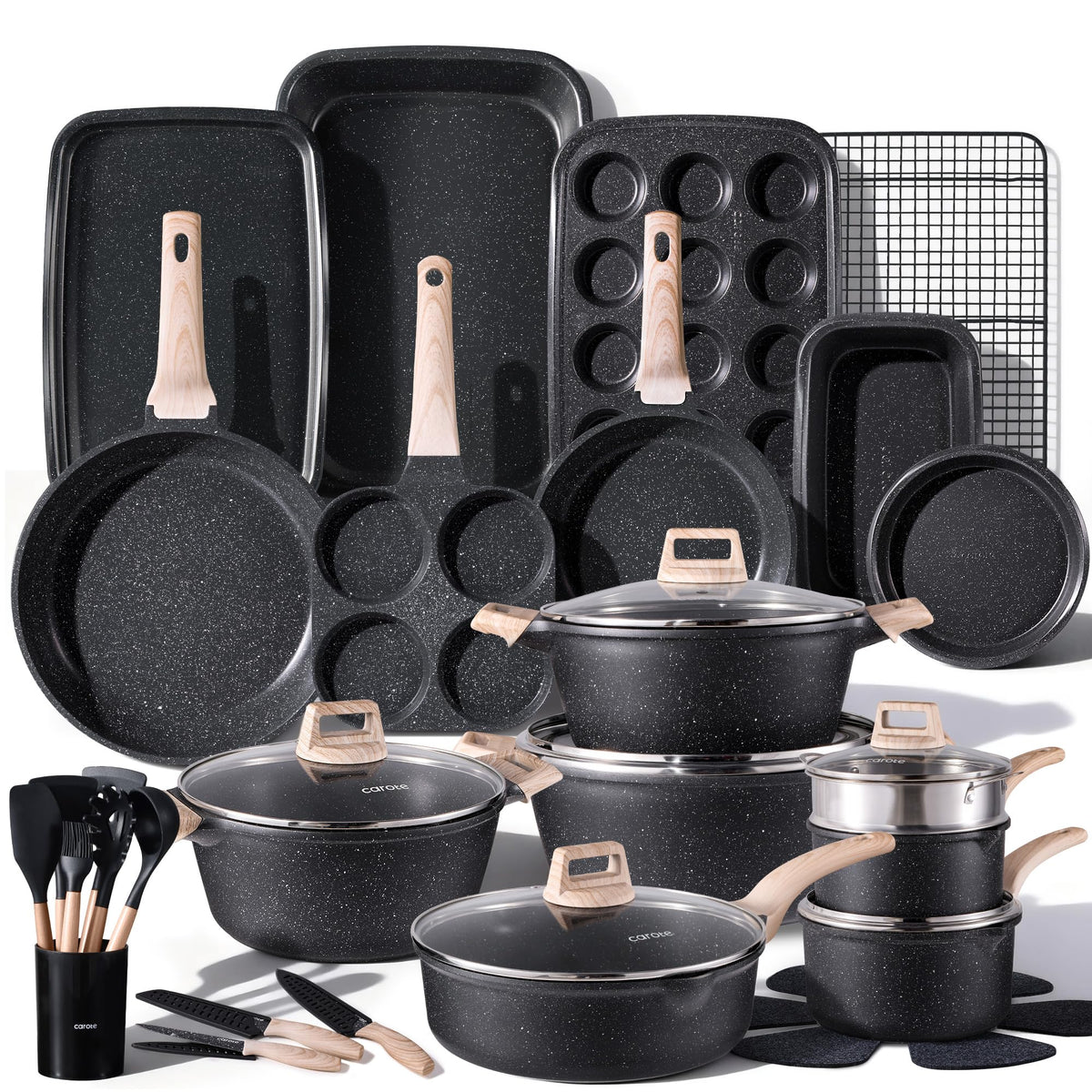 CAROTE 44-piece nonstick pots and pans set for effortless cooking on any stove