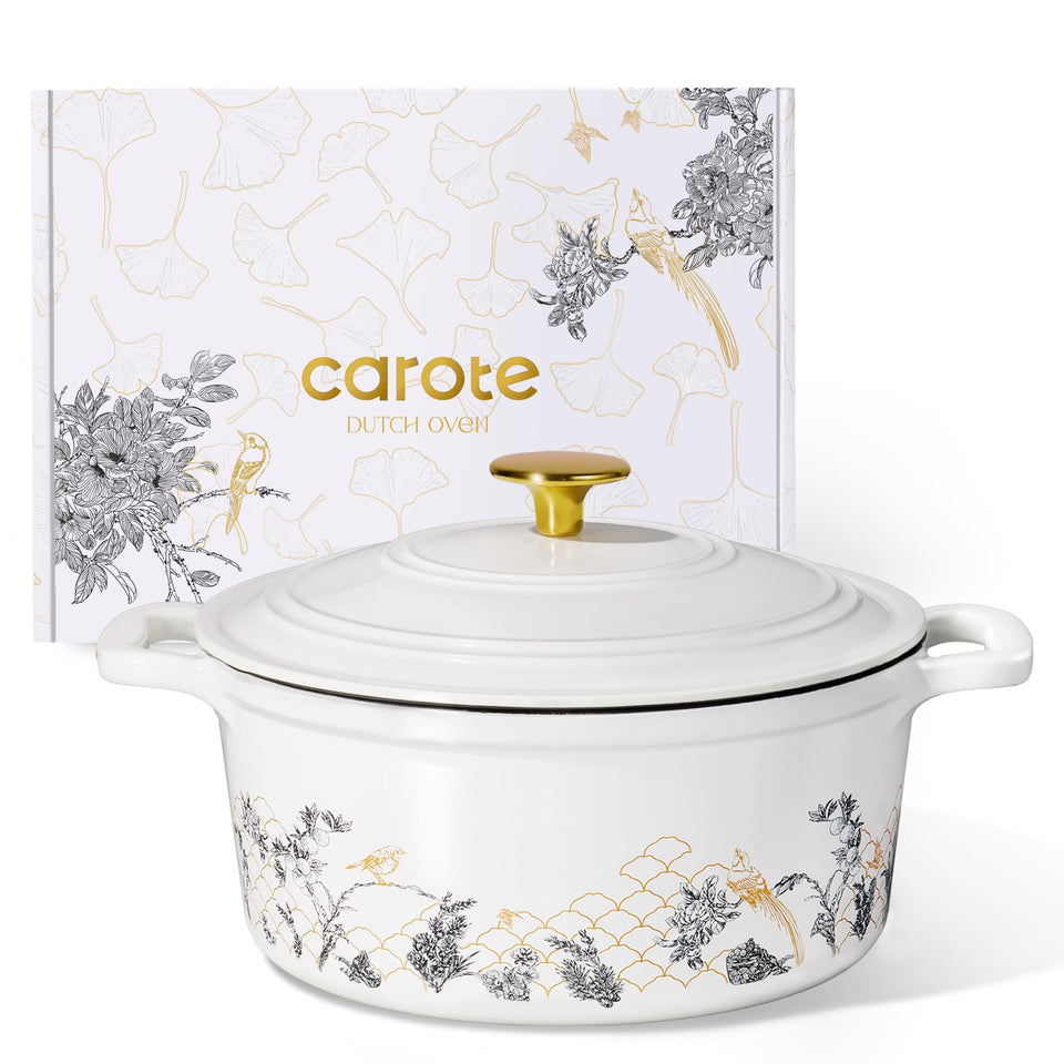 CAROTE 5QT dutch oven with lid in white enamel for even heat distribution.