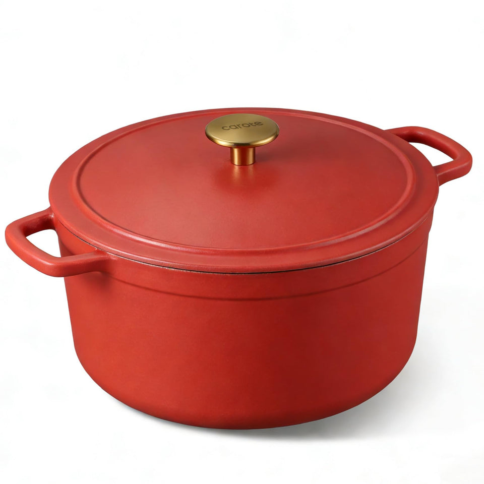 CAROTE 5QT enameled cast iron exterior shows durable construction for even browning