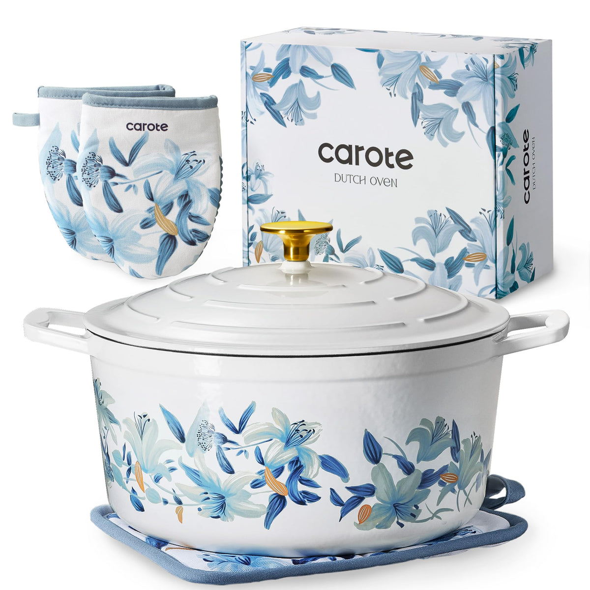 CAROTE 7QT Dutch oven with lid in white and blue, even heat distribution
