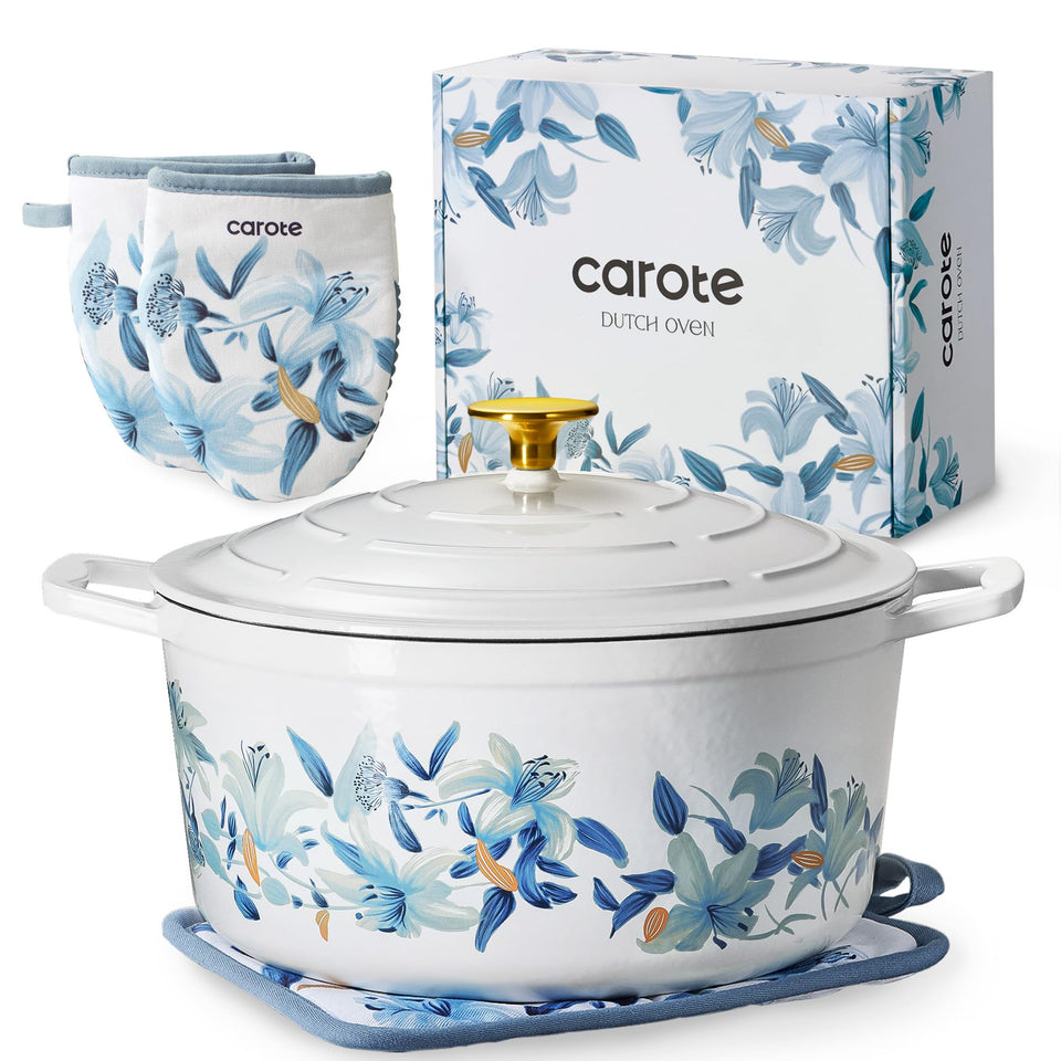 CAROTE 7QT Dutch oven with lid in white and blue, even heat distribution