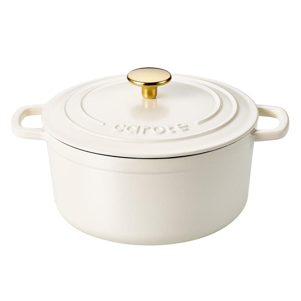 CAROTE 7qt enameled cast iron Dutch oven in cream shows even heat for braising.