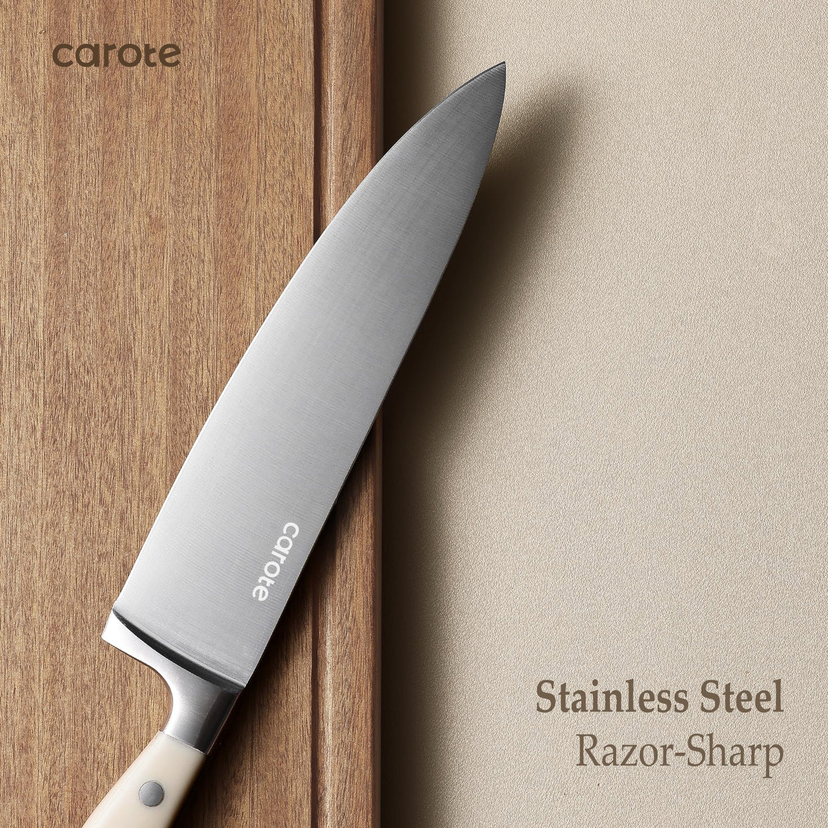 CAROTE 8-inch bread knife slicing crusty loaf evenly.