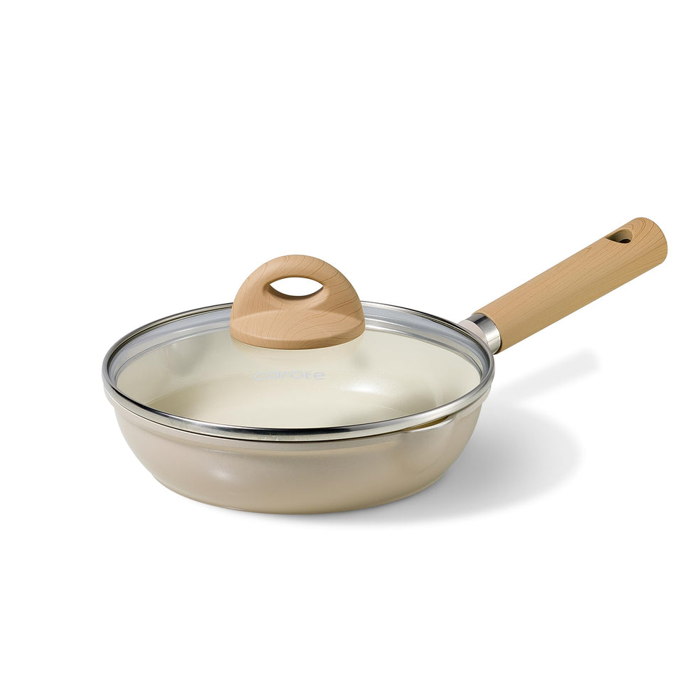 CAROTE 8in ceramic frying pan with lid showing smooth non-stick surface for easy cooking and cleaning
