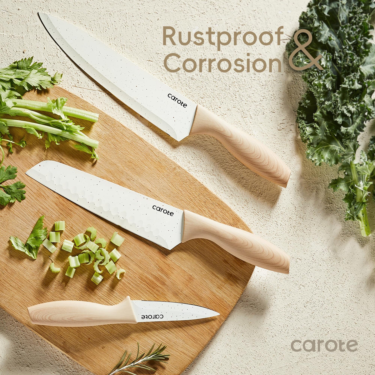 CAROTE anti-slip handle offers ergonomic grip for safe, comfortable slicing even with wet hands.