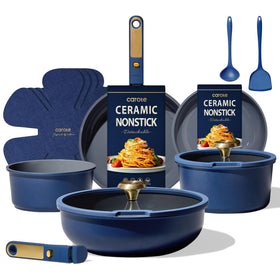 CAROTE blue and gold ceramic set with detachable handles for space-saving storage.