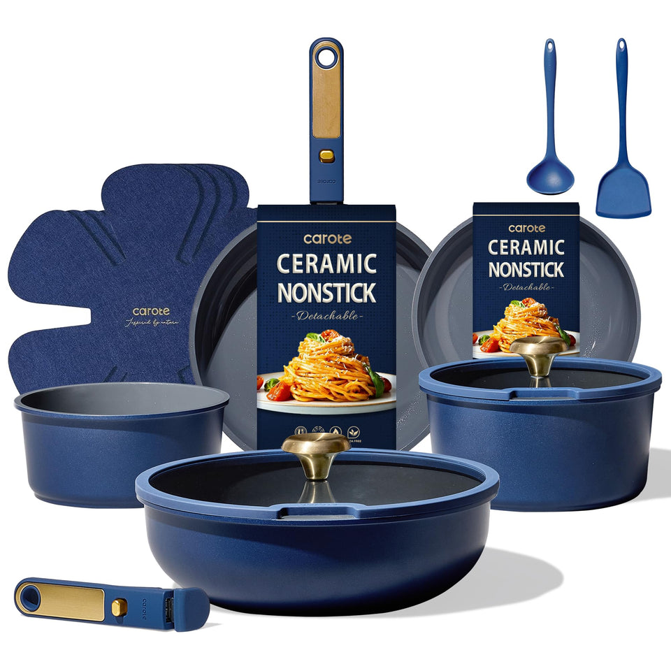 CAROTE blue and gold ceramic set with detachable handles for space-saving storage.