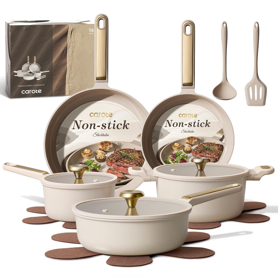 CAROTE fourteen-piece ceramic cookware set for versatile everyday meals