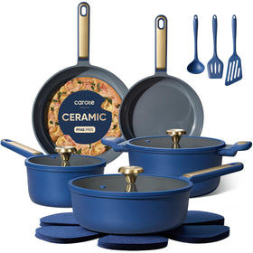 CAROTE Ceramic Cookware Set front view in blue highlighting non-stick, easy-release design.