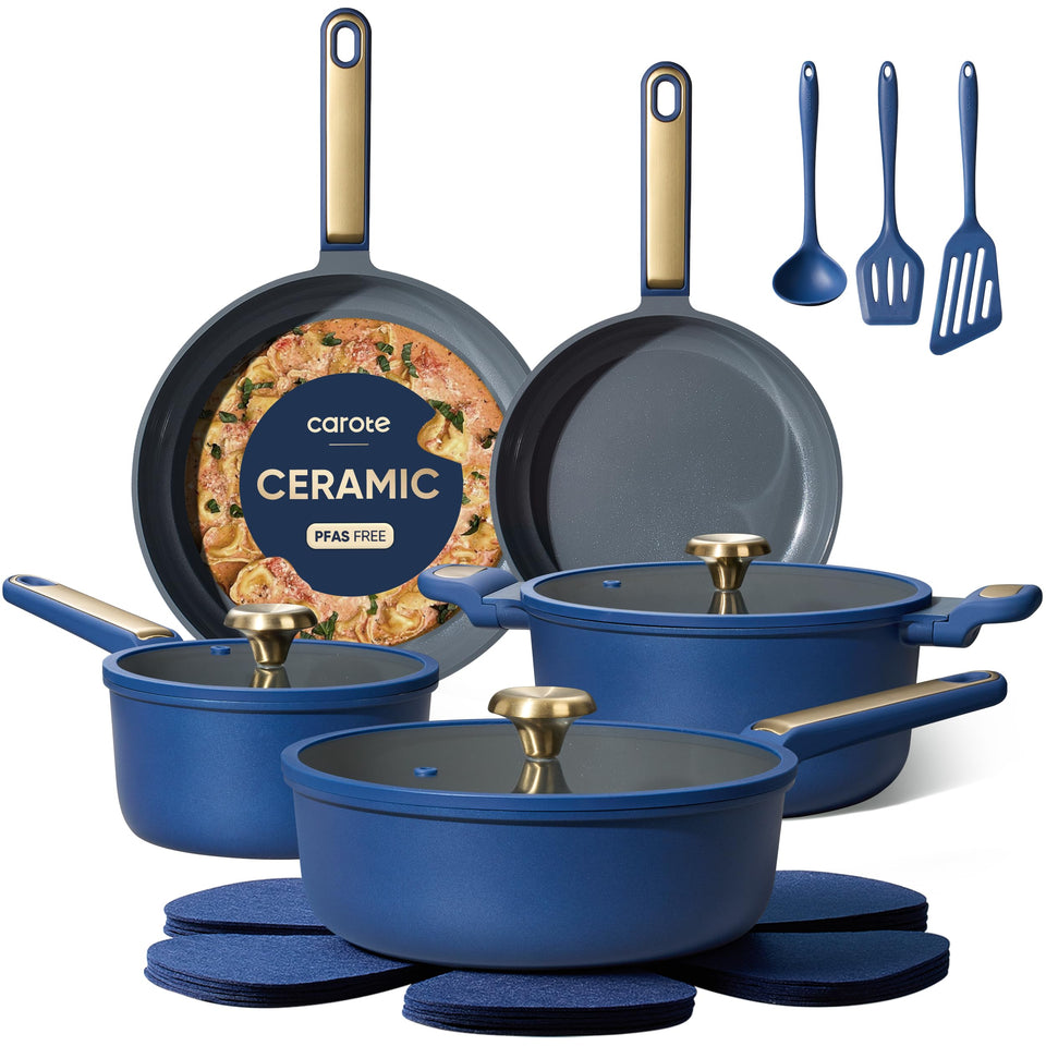 CAROTE Ceramic Cookware Set front view in blue highlighting non-stick, easy-release design.
