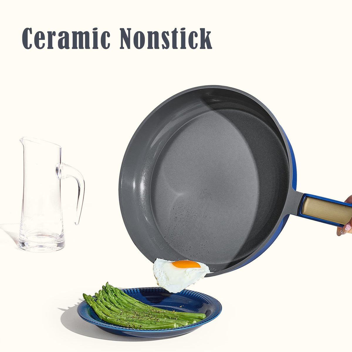 CAROTE 11-inch fry pan with blue finish shows easy cleaning and quick food release.