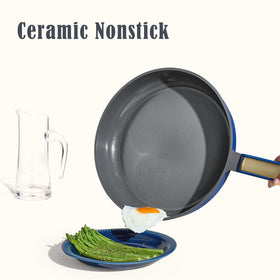 CAROTE 11-inch fry pan with blue finish shows easy cleaning and quick food release.