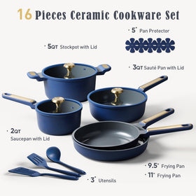 CAROTE Ceramic Cookware Set top-down view showing uniform heat distribution across pans.