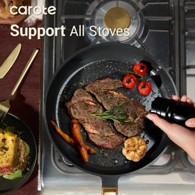 CAROTE ceramic cookware set with 3.5qt sauté pan and lid for searing.