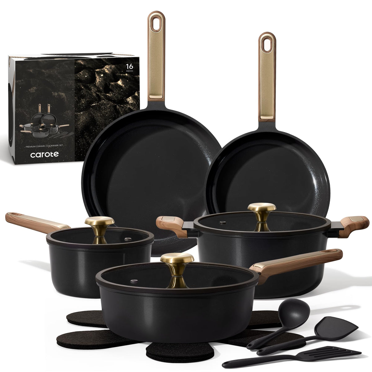 CAROTE ceramic cookware set with 9.5 inch fry pan for quick sear and easy cleanup.