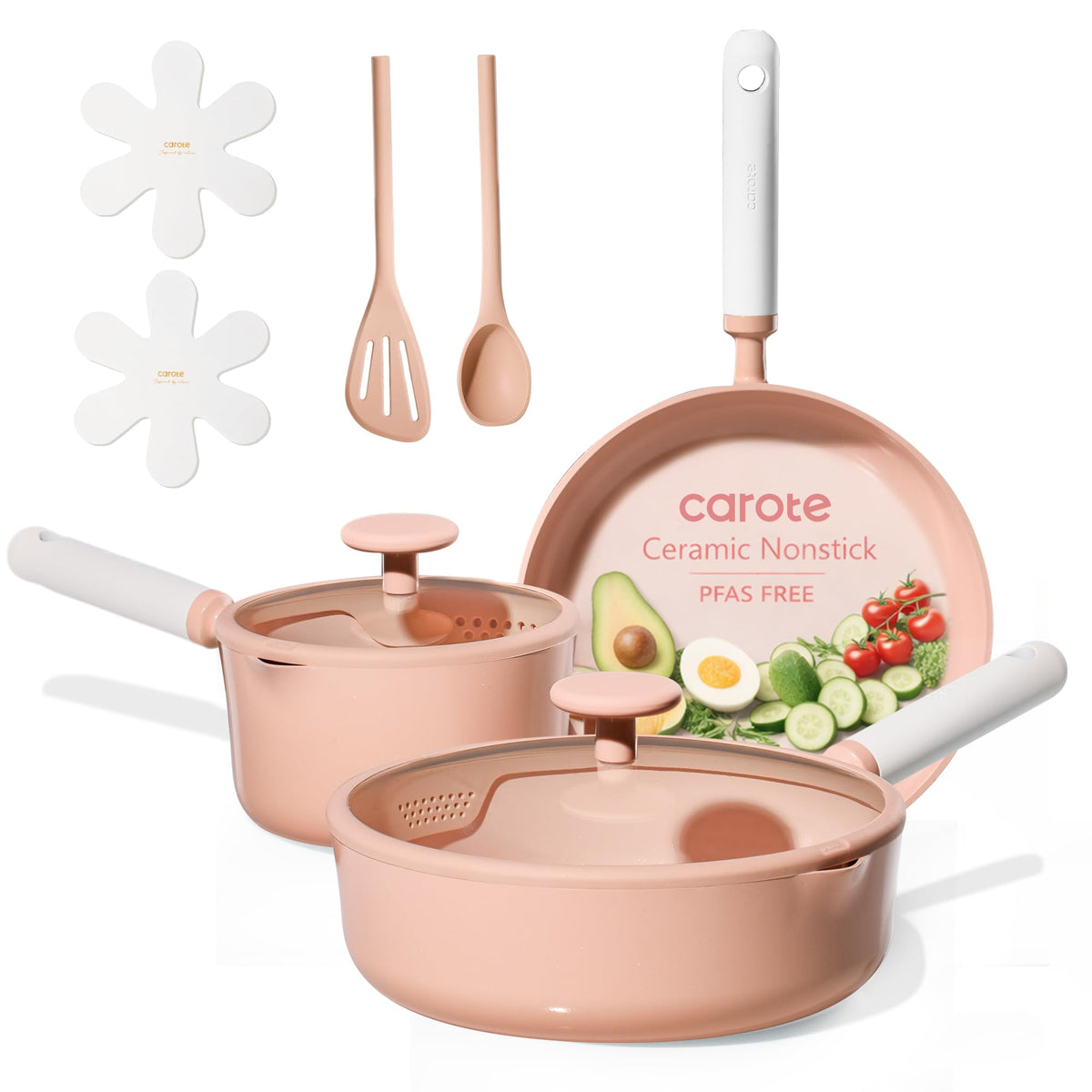 CAROTE 9pc pink ceramic cookware on stovetop promotes easy release and cleanup