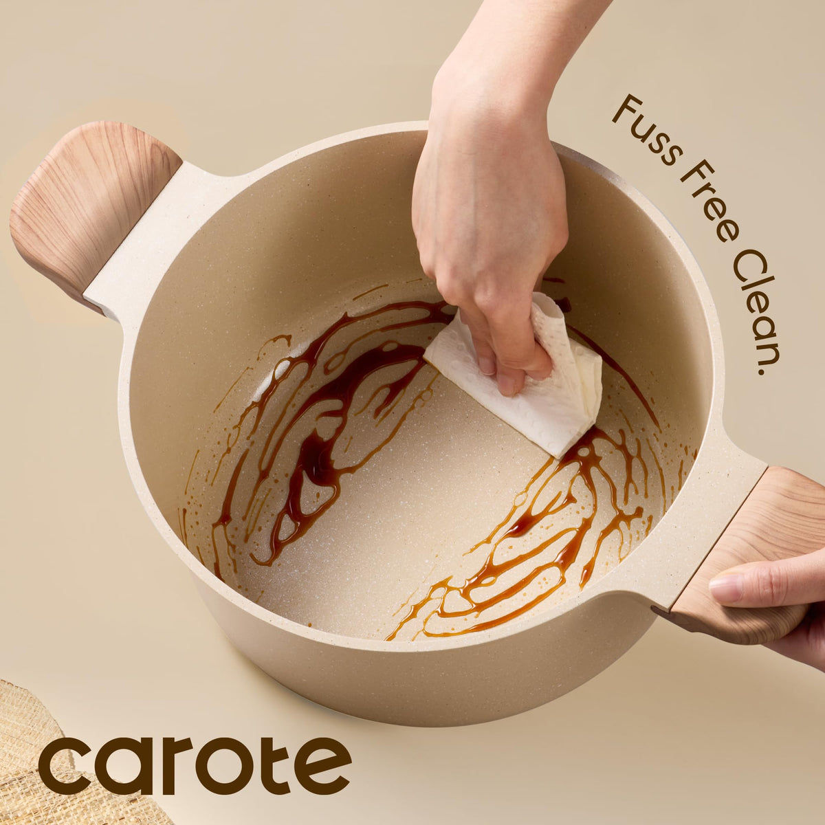 Closeup of CAROTE ceramic nonstick coating for safe release.