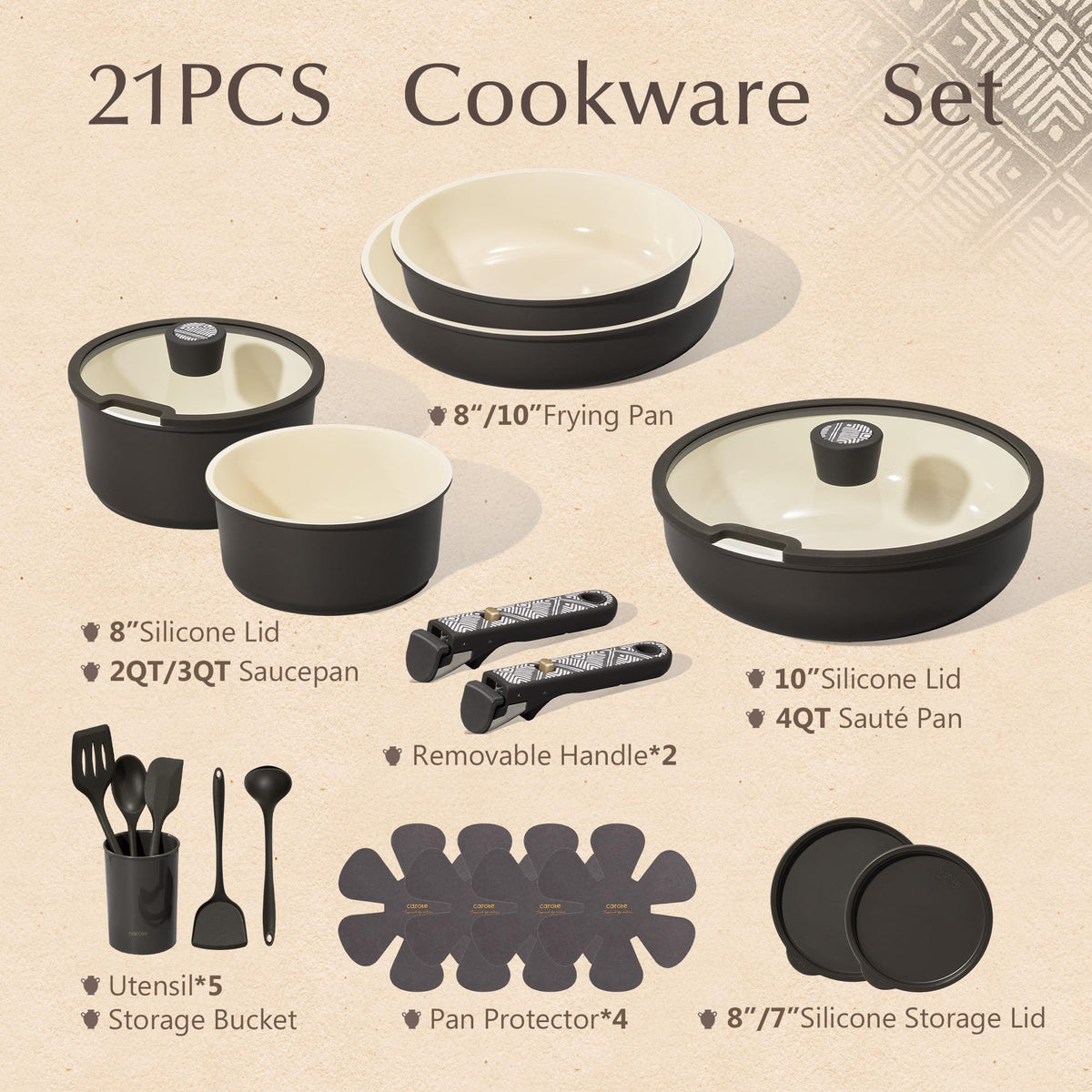 CAROTE ceramic nonstick coating provides easy cleanup and low-oil cooking.