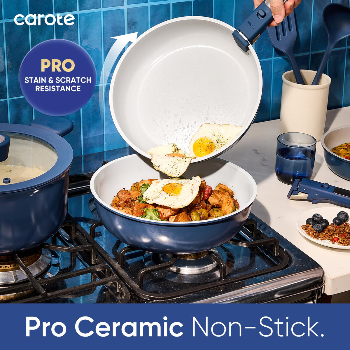 CAROTE ceramic nonstick surface enables effortless food release and low-oil meals.
