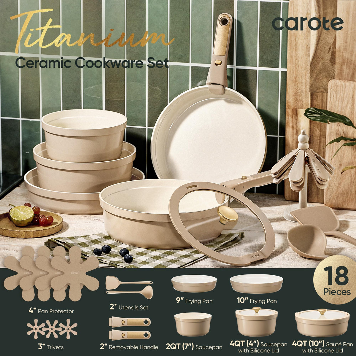 CAROTE ceramic nonstick titanium coating for smooth food release and easy cleanup.