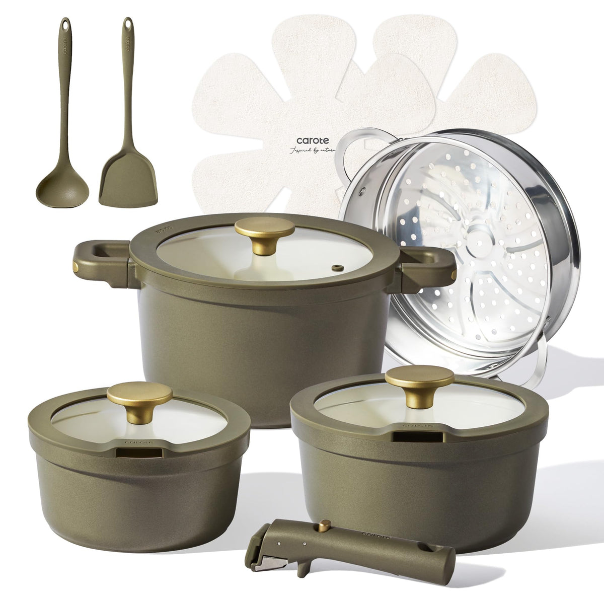 CAROTE ceramic saucepan set in olive green with lid shows even heating