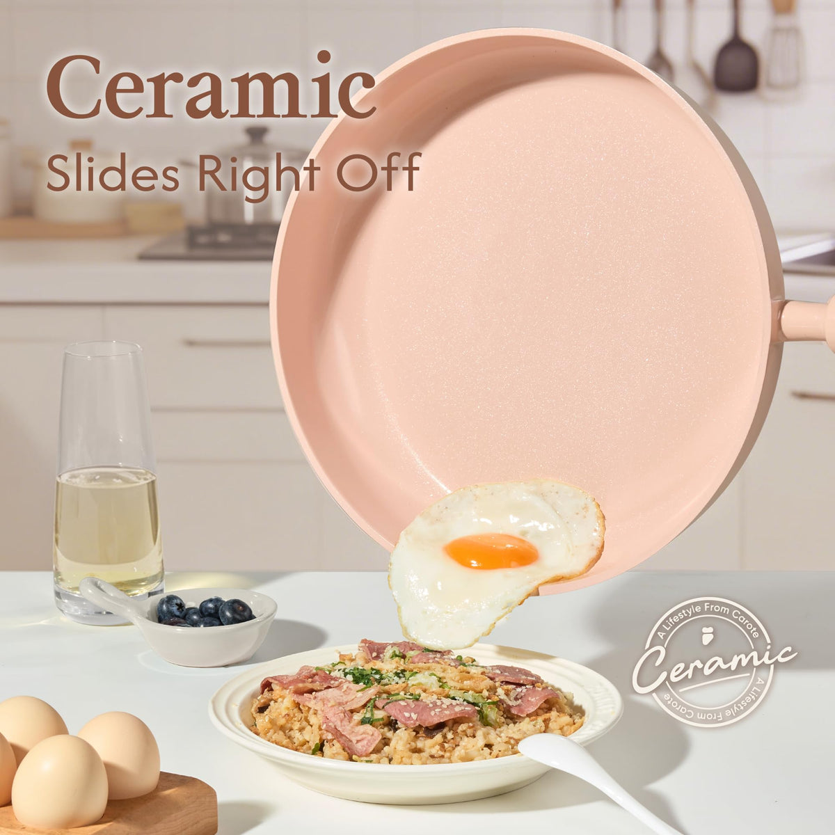 CAROTE 4qt pink ceramic sauté pan with lid for even heating