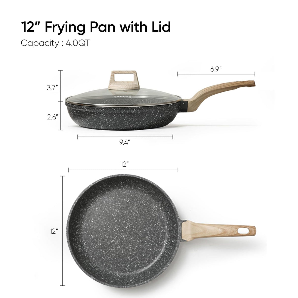 CAROTE Classic Granite 12-inch pan handle closeup with cool, grip-friendly Bakelite design.