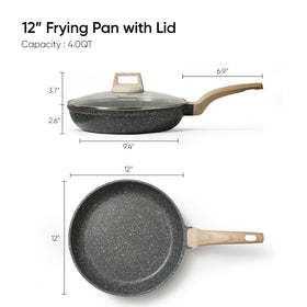 CAROTE Classic Granite 12-inch pan handle closeup with cool, grip-friendly Bakelite design.