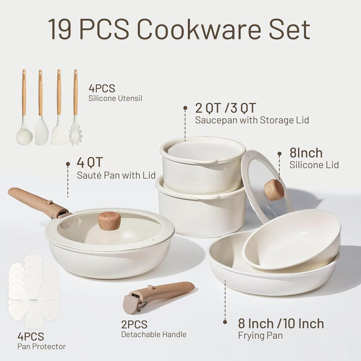 CAROTE detachable-handle system shown for easy transfer from stove to oven.
