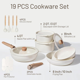 CAROTE detachable-handle system shown for easy transfer from stove to oven.