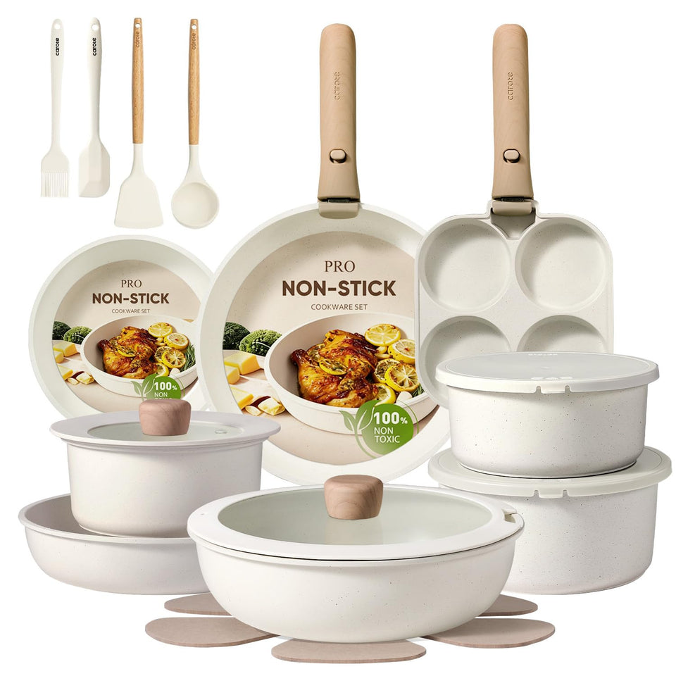 CAROTE detachable-handle pots and pans set shows compact storage and stove-to-table versatility
