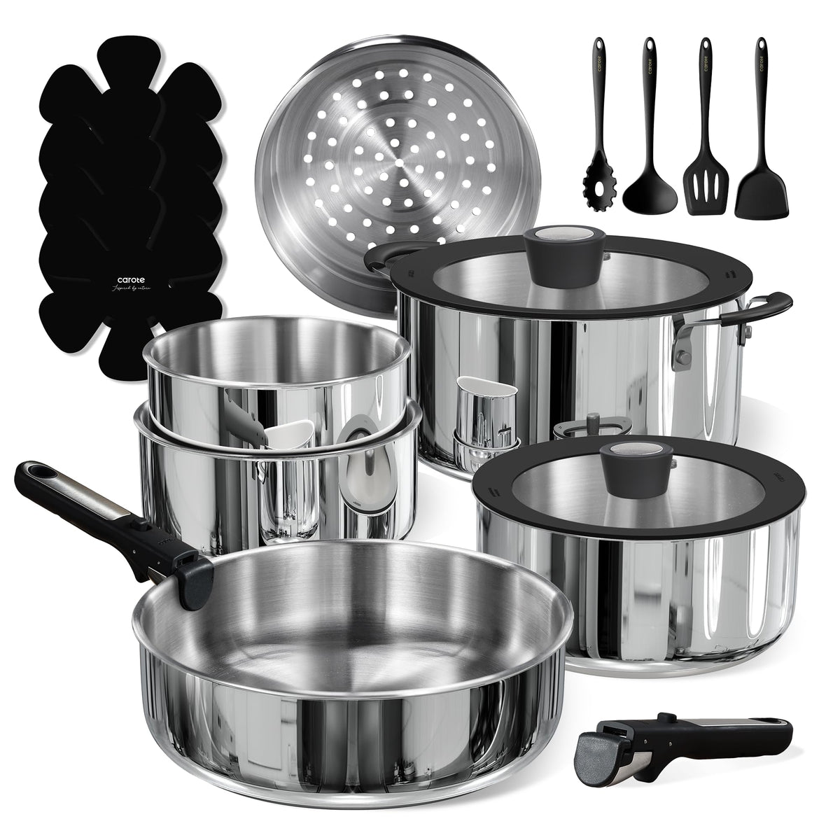 CAROTE detachable-handle pots and pans for compact storage and quick setup.
