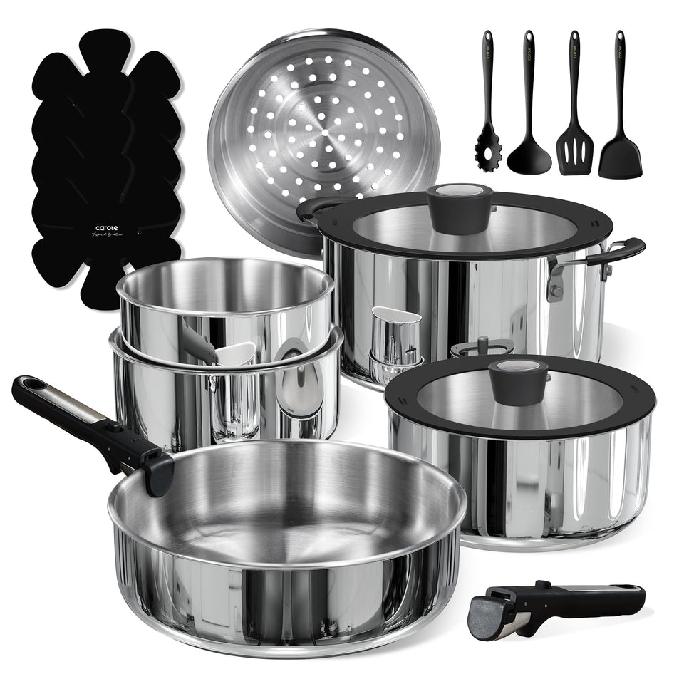 CAROTE detachable-handle pots and pans for compact storage and quick setup.
