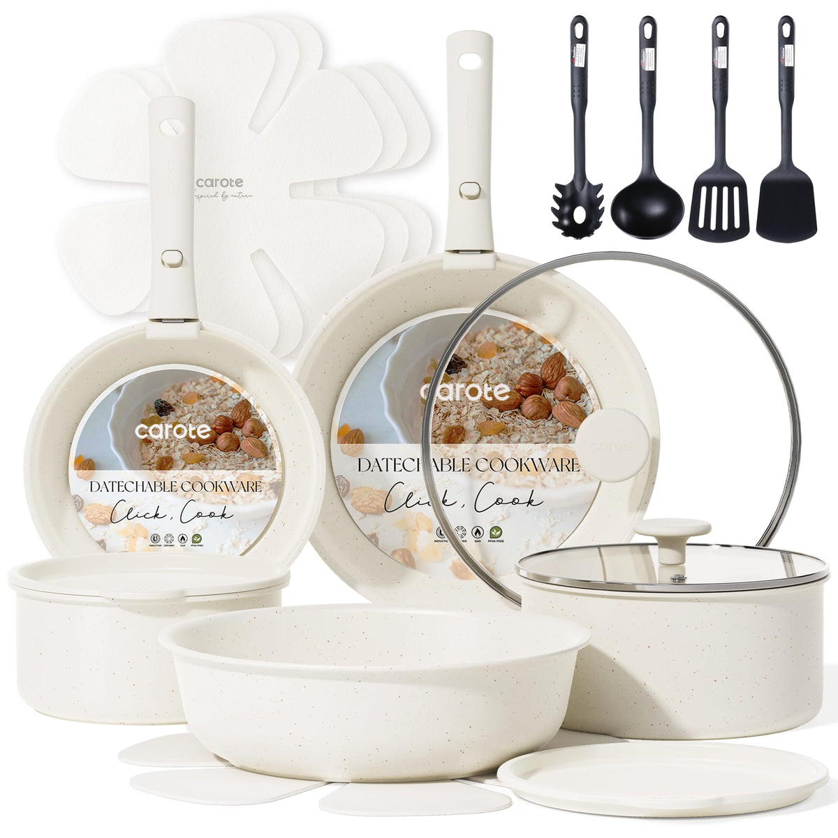 Carote detachable-handle pots and pans set shown for easy storage and modular use.