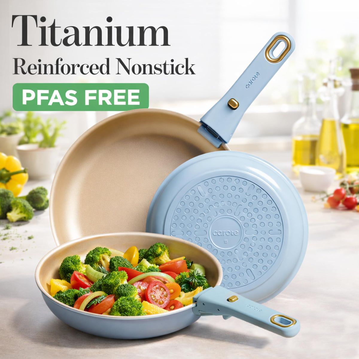 CAROTE pots and pans with detachable handle for compact storage and easy transfer