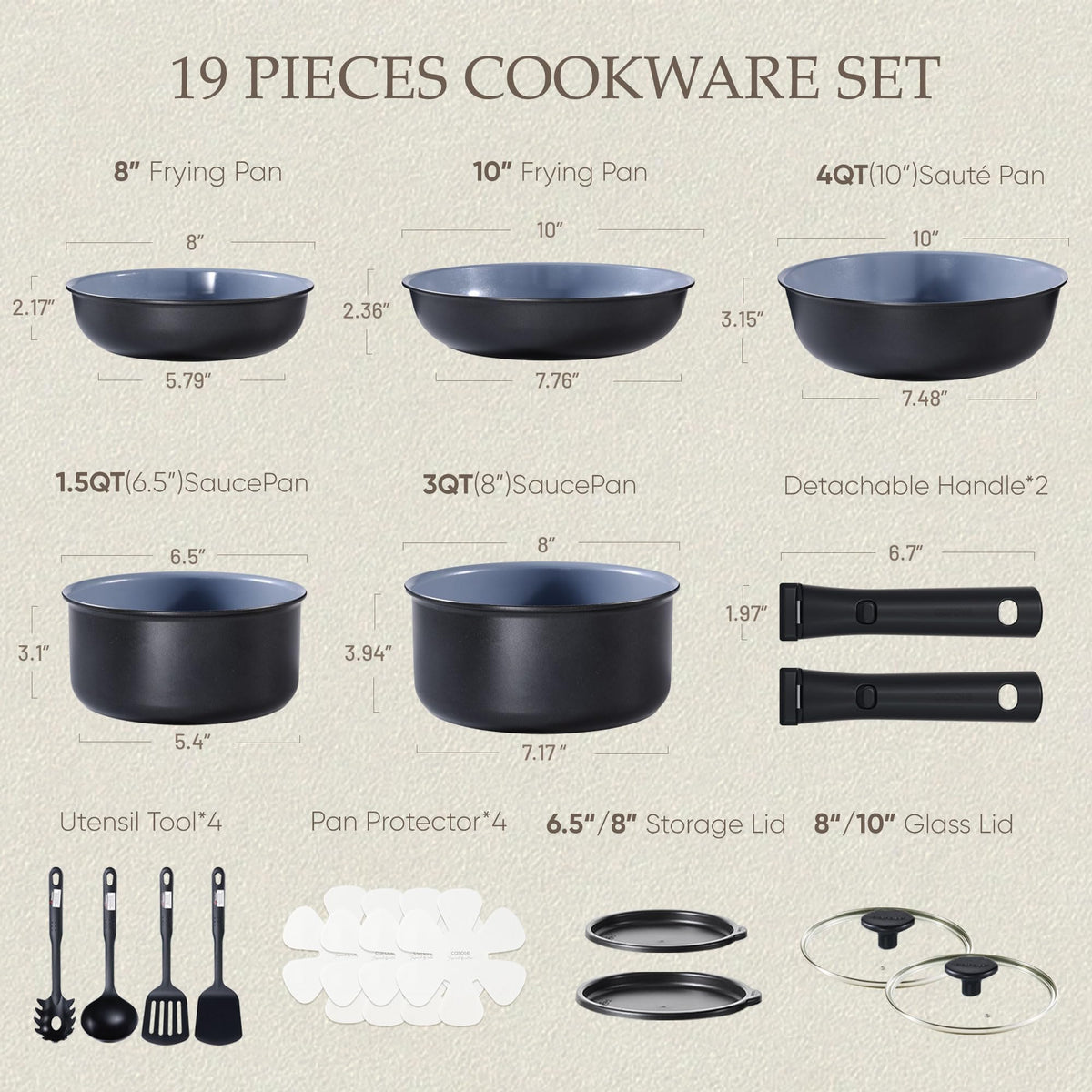 CAROTE detachable-handle pots and pans ready for compact storage and space saving.
