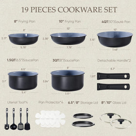 CAROTE detachable-handle pots and pans ready for compact storage and space saving.
