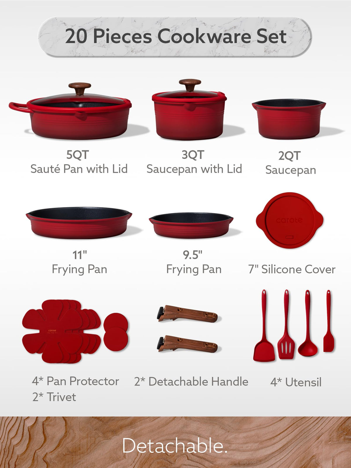 CAROTE detachable-handle design for space-saving storage and oven-to-table flexibility