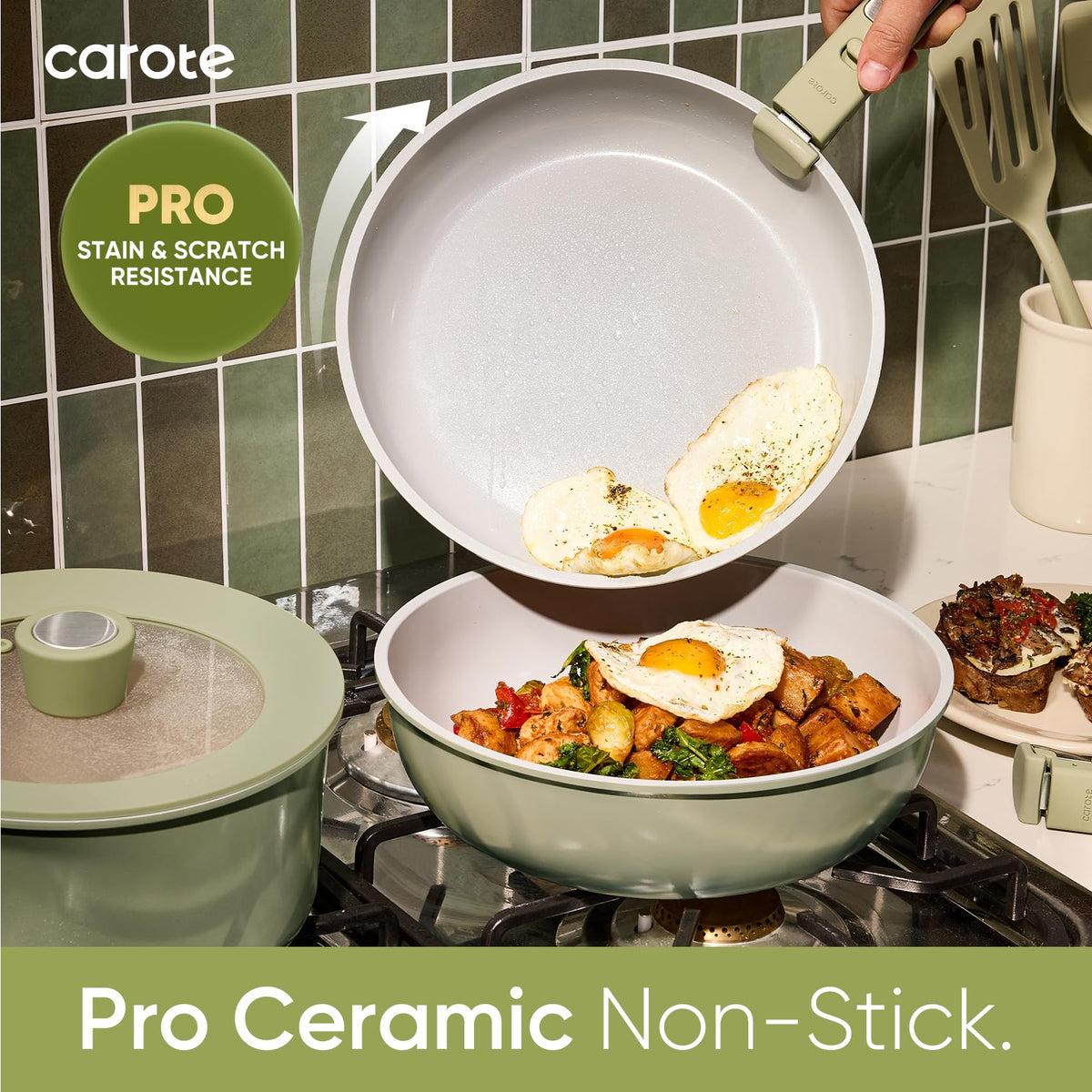 CAROTE detachable handles in use illustrate space-saving and oven-to-table versatility