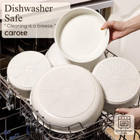 CAROTE dishwasher-safe cookware with spray-coated bottom for simple cleaning
