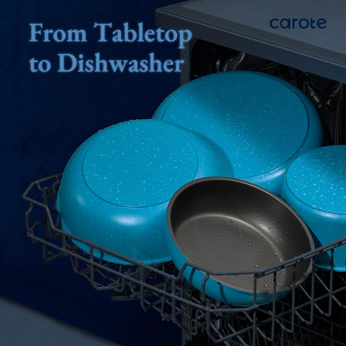 CAROTE dishwasher-safe cookware on rack designed for easy cleaning.